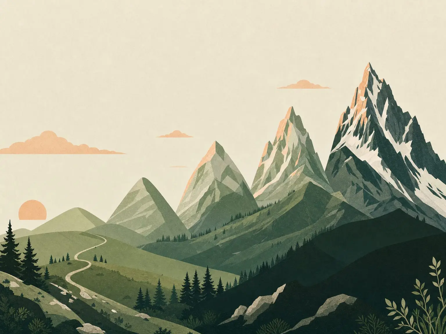 Abstract mountains rising from gentle hills to a jagged peak, depicting rising hiking difficulty.