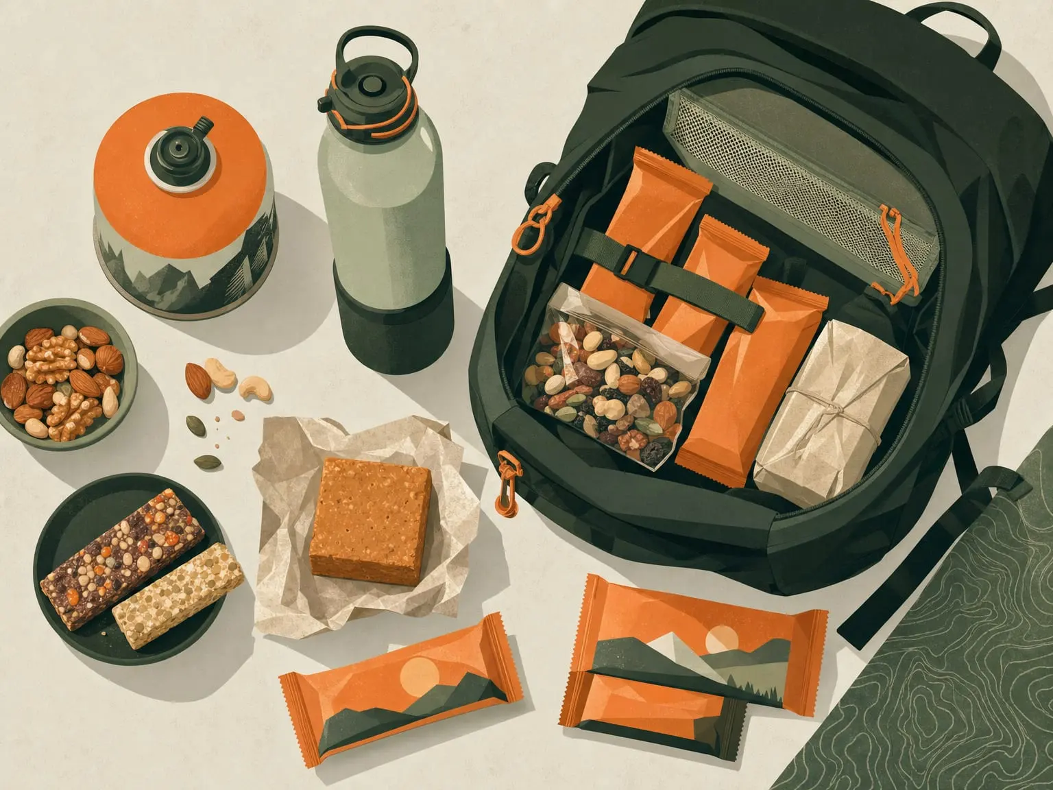 Calorie-dense trail food laid out beside a packed rucksack on a long-distance route