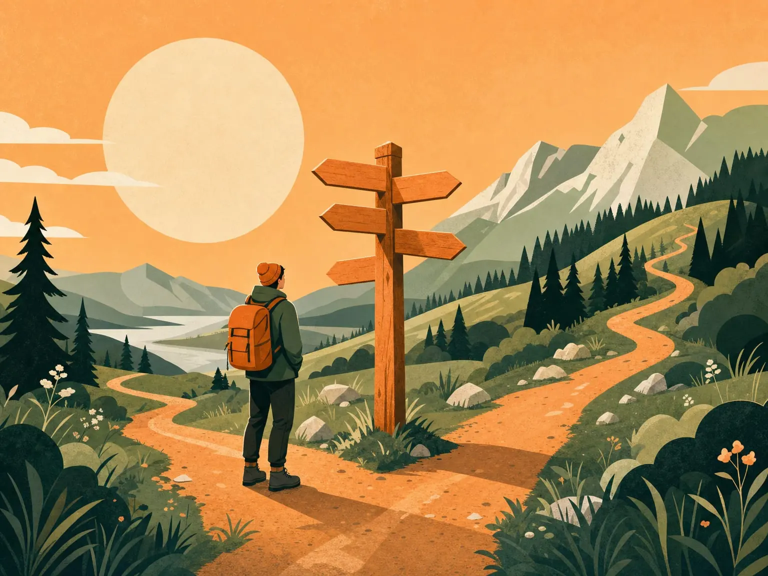 A hiker planning at a signpost on an inviting waymarked trail