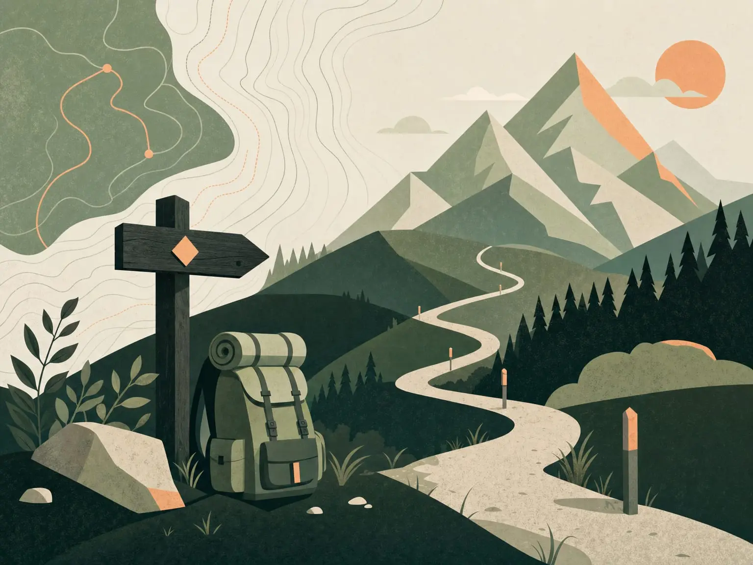 Abstract illustration of a trail signpost, backpack, contour map and winding path representing hiking terms