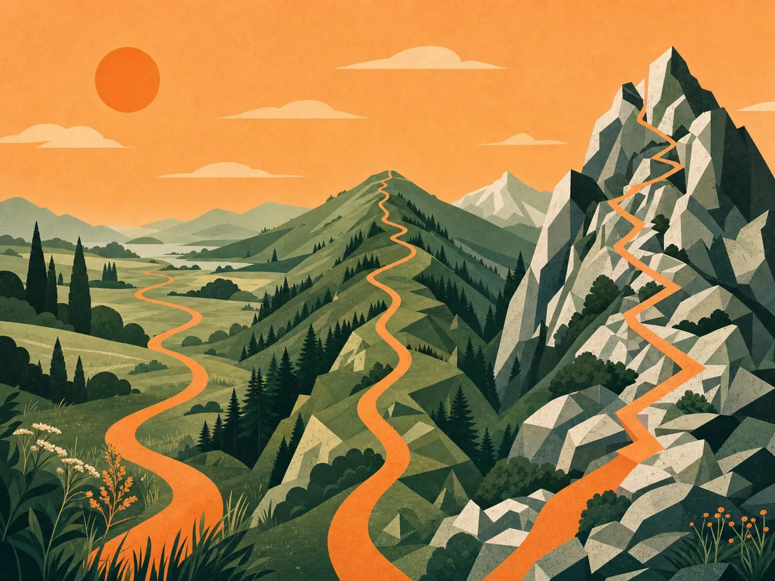 A rolling green moorland path beside a rugged alpine mountain pass under open sky