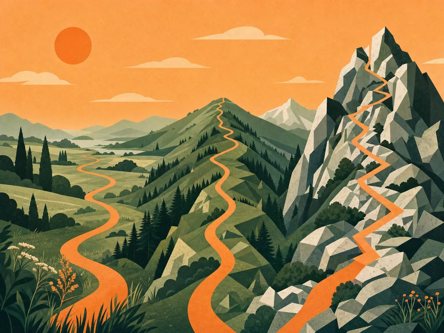 A rolling green moorland path beside a rugged alpine mountain pass under open sky