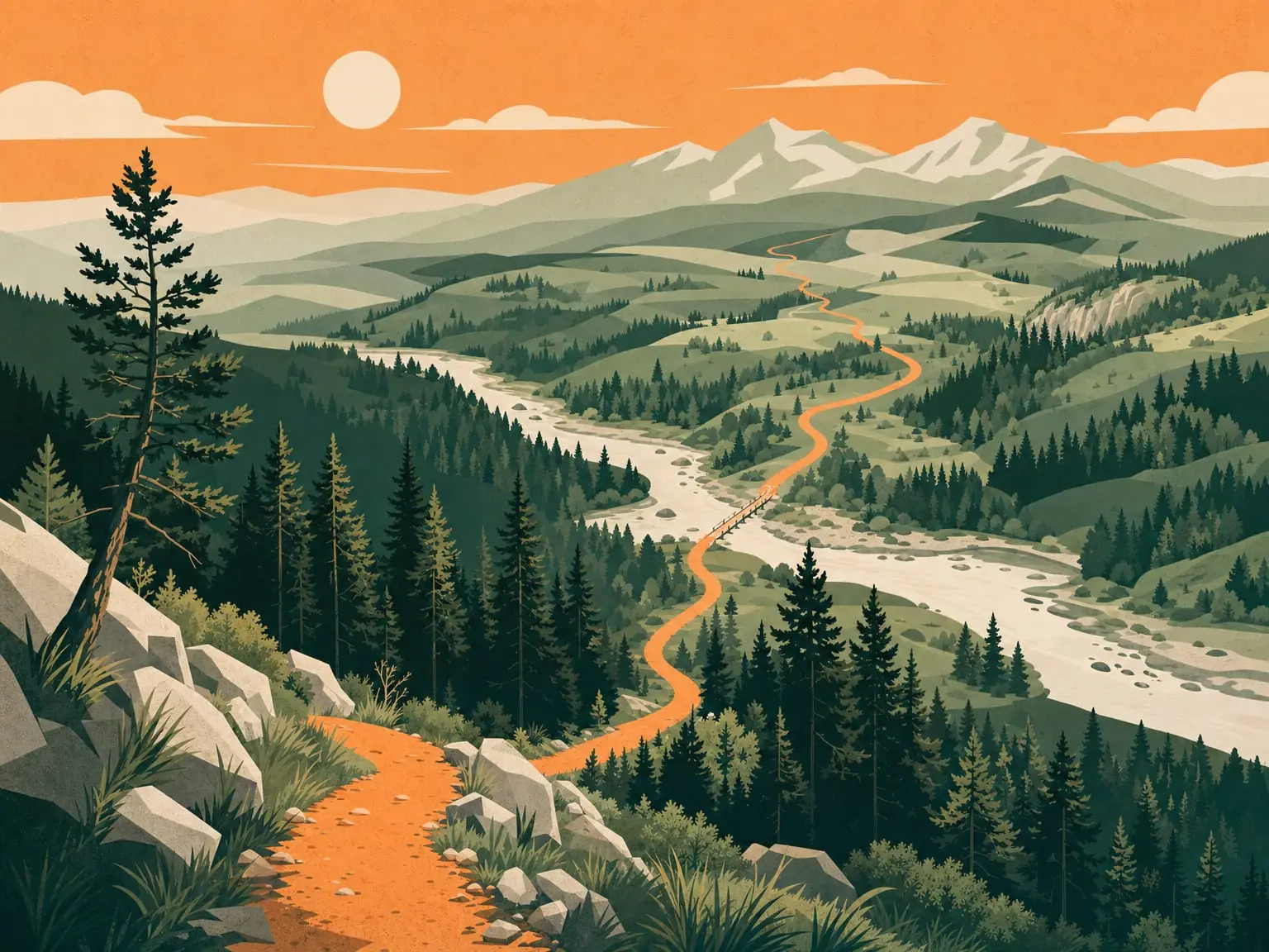 A lone hiker on a waymarked trail crossing vast open hills toward mountains.