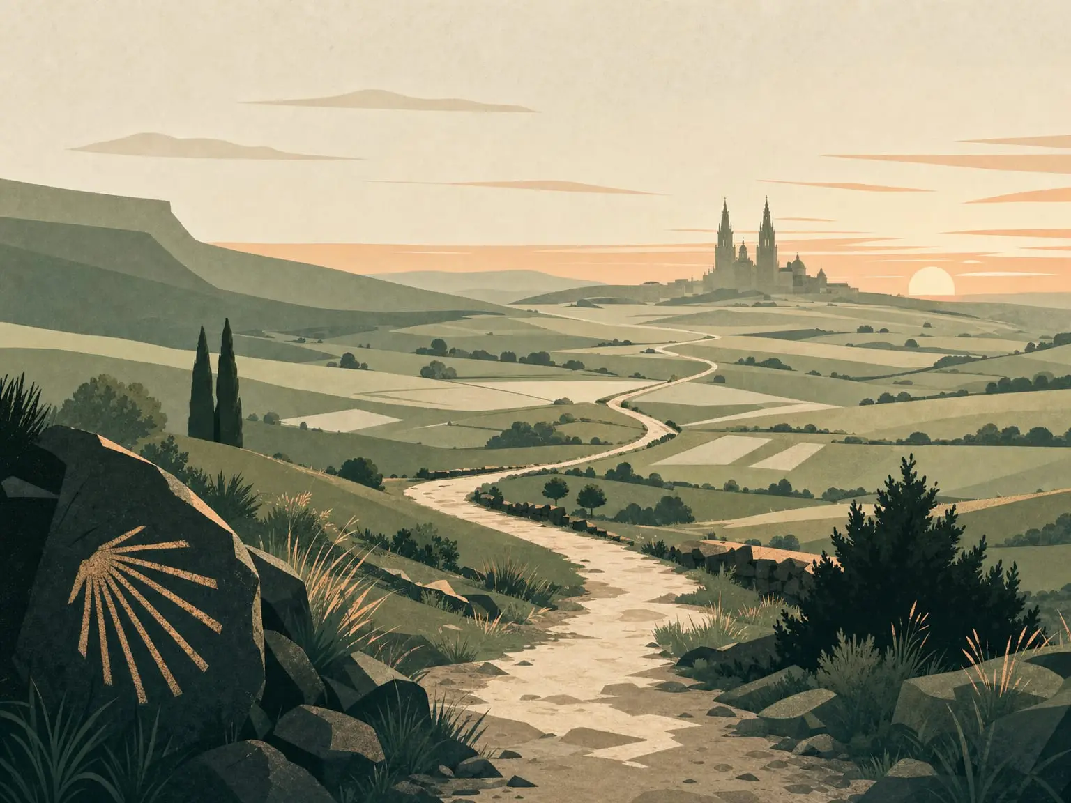 A pilgrimage trail winding toward Santiago cathedral, scallop shell in the foreground.