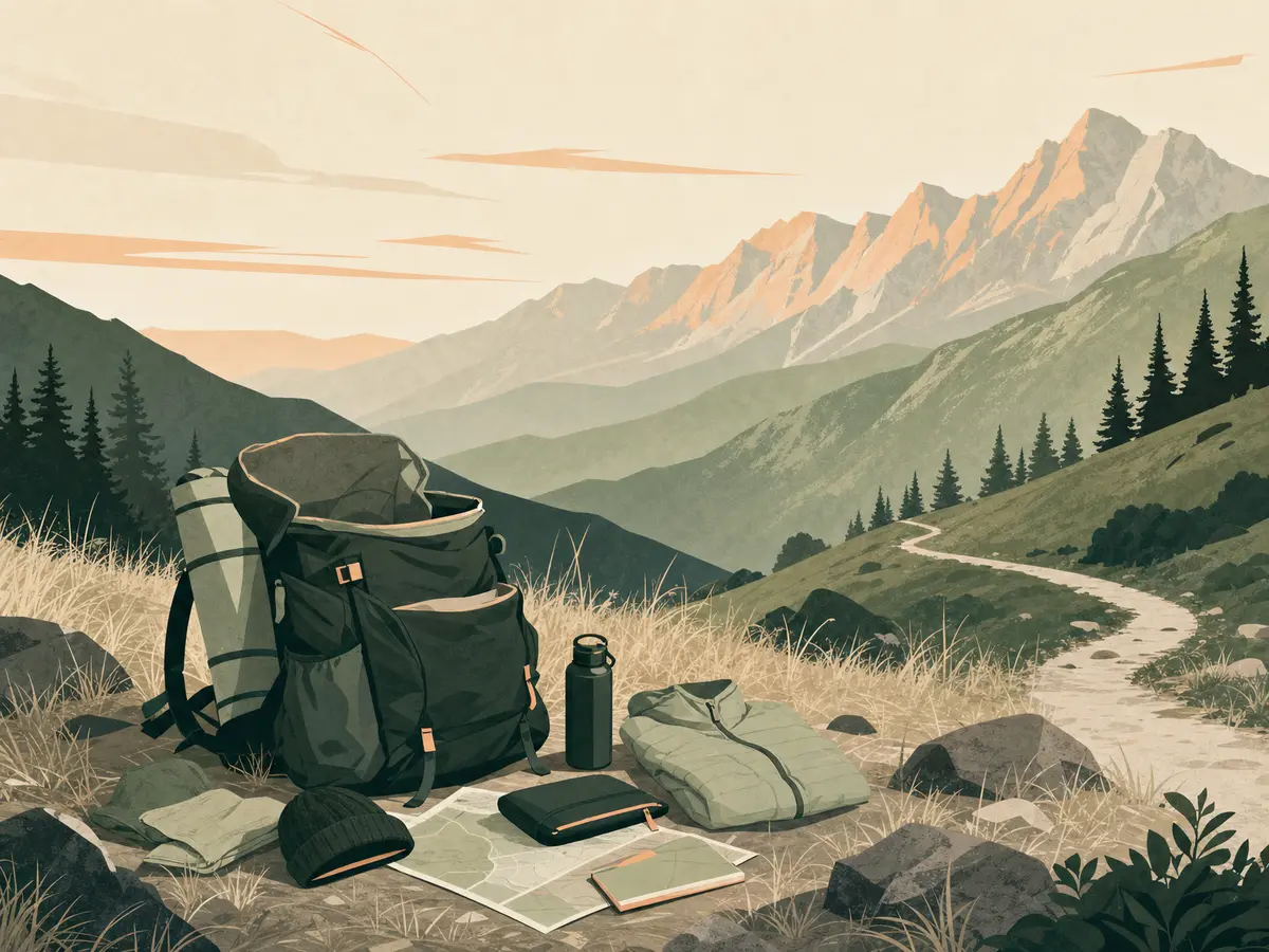 An unpacked hiking rucksack on grass beside a trail, illustrating the mistake of overpacking for a long-distance hike.