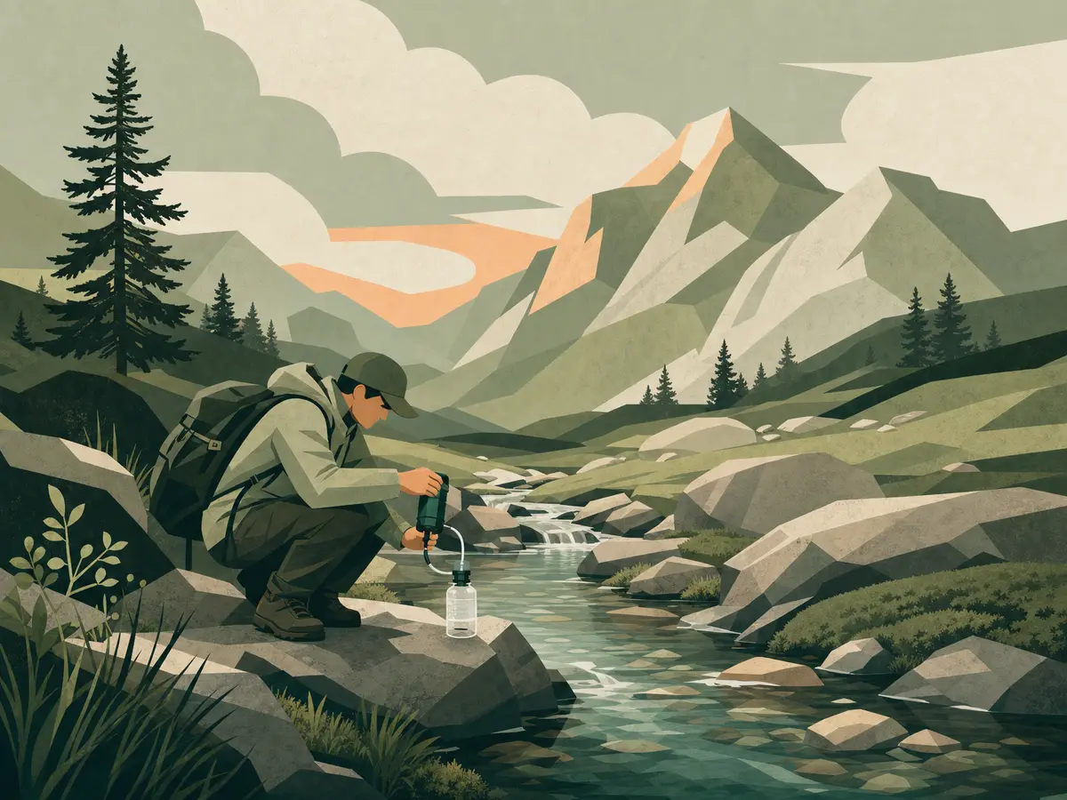 A hiker refilling water beside a stream, illustrating careful food and water planning on a multi-day hike.