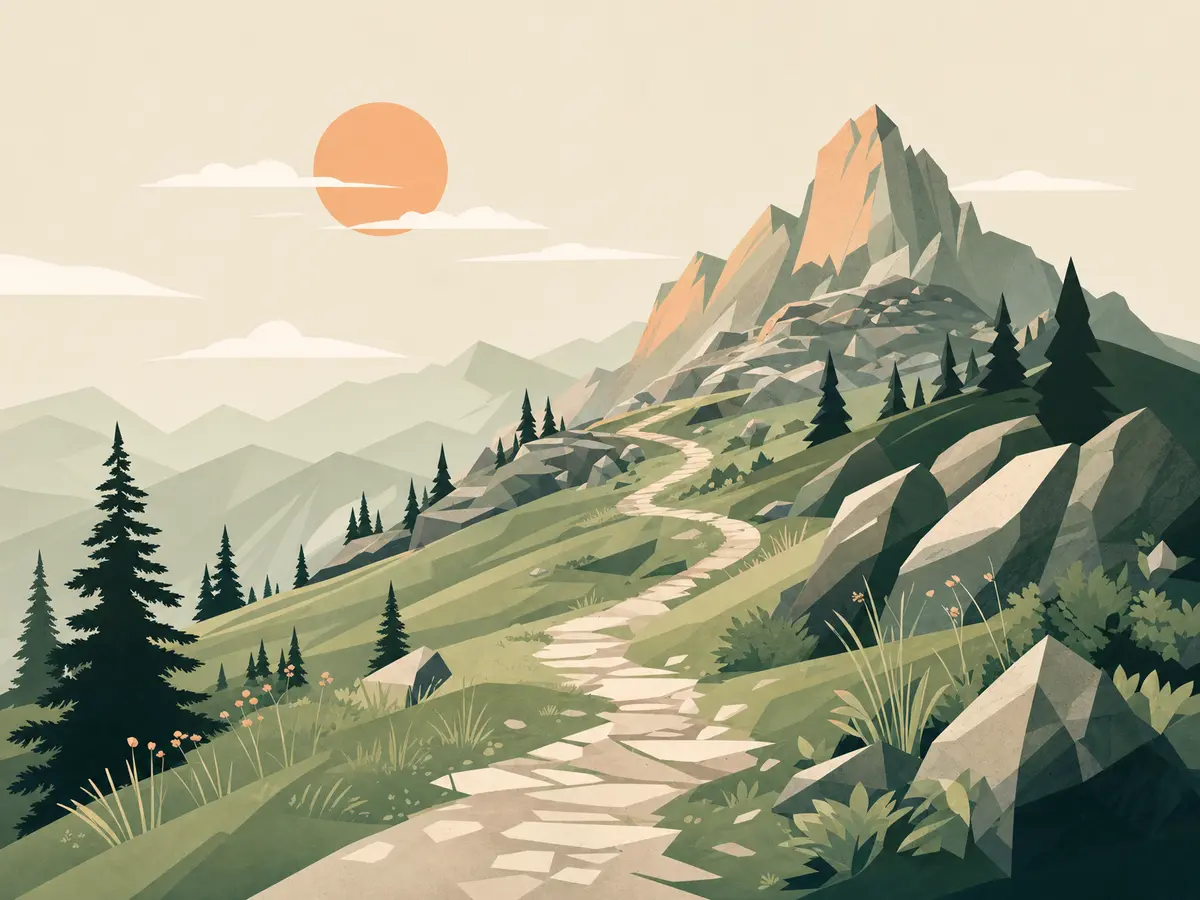 A hiking trail changing from easy ground to steep rocky terrain, showing why daily distance varies.