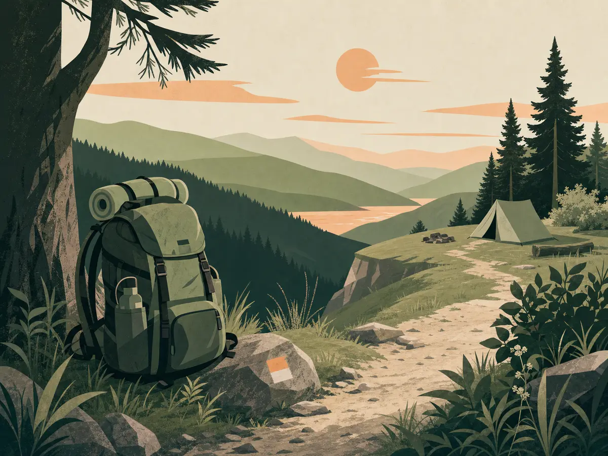 A backpack and trail markers near camp, suggesting realistic daily stages and recovery on a long-distance hike.