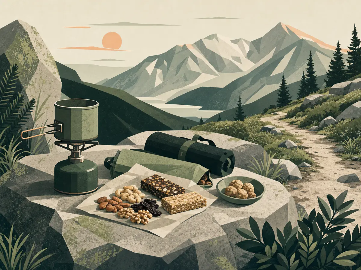 Calorie-dense hiking food laid out beside a mountain trail.