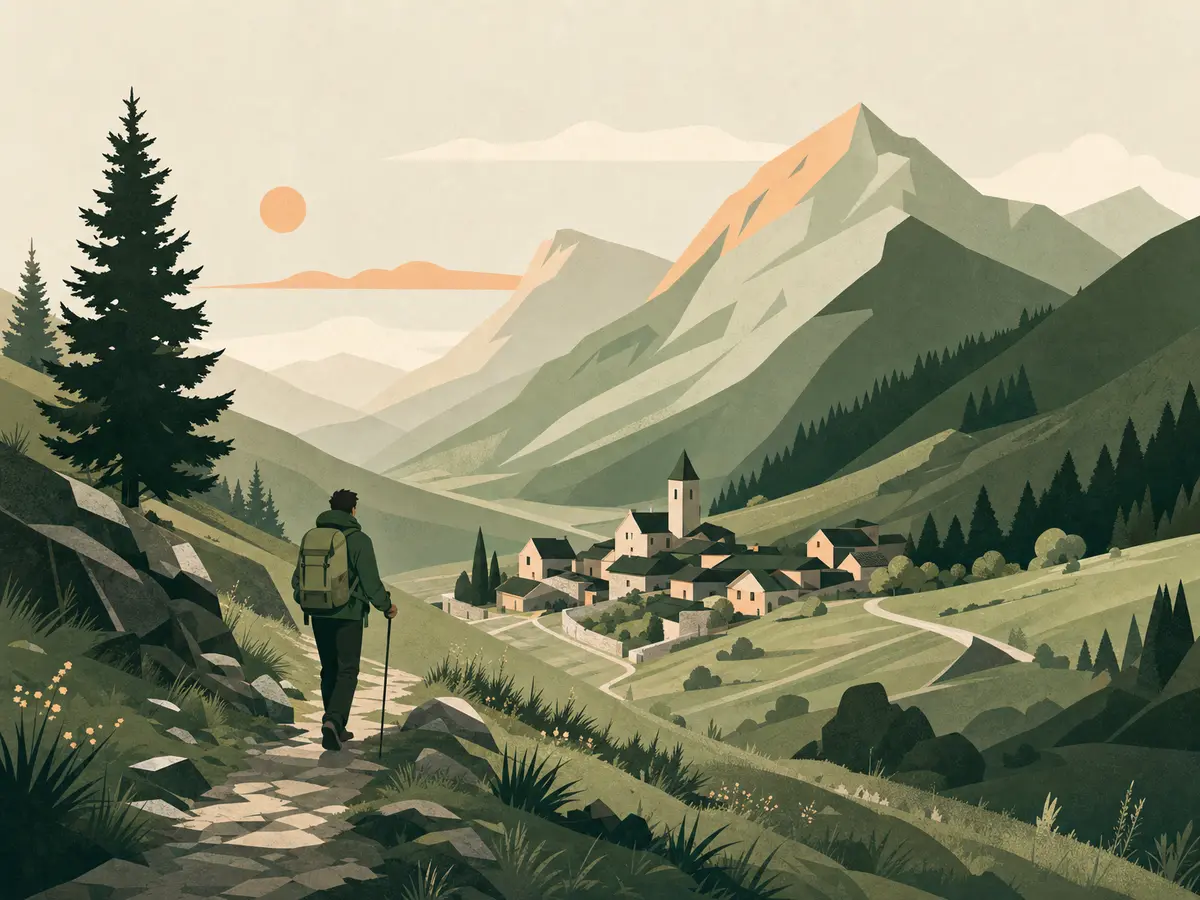 A long-distance hiker walking towards a village resupply stop.