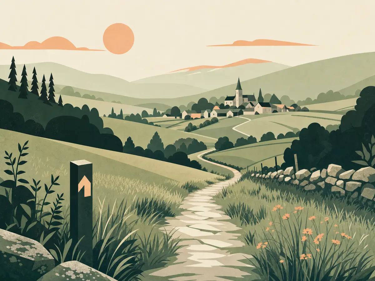 A well-waymarked countryside trail leading towards a village, showing the kind of supported route that suits a first long-distance hike.