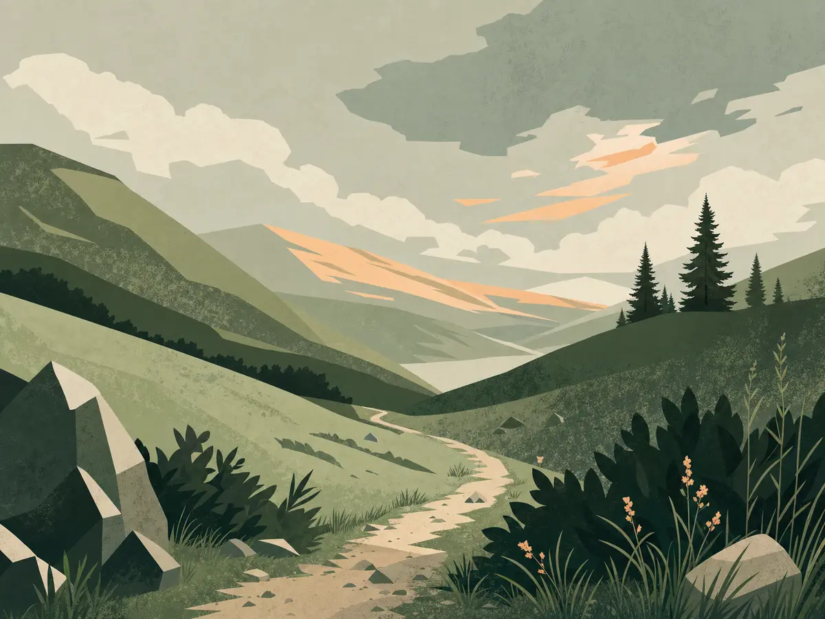 A long-distance path through rolling hills, illustrating the practical choices of terrain, weather and daily distance.