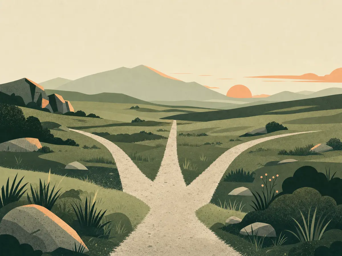 Three open trail options across moorland, symbolising long-distance hiking, thru-hiking and trekking.