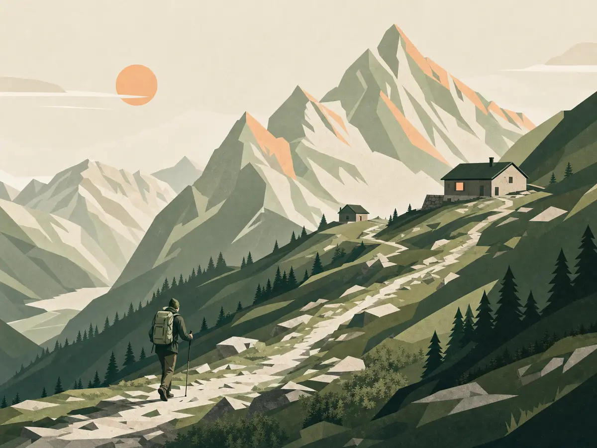 A mountain hiker on a hut-to-hut trail, illustrating how trekking overlaps with long-distance hiking.