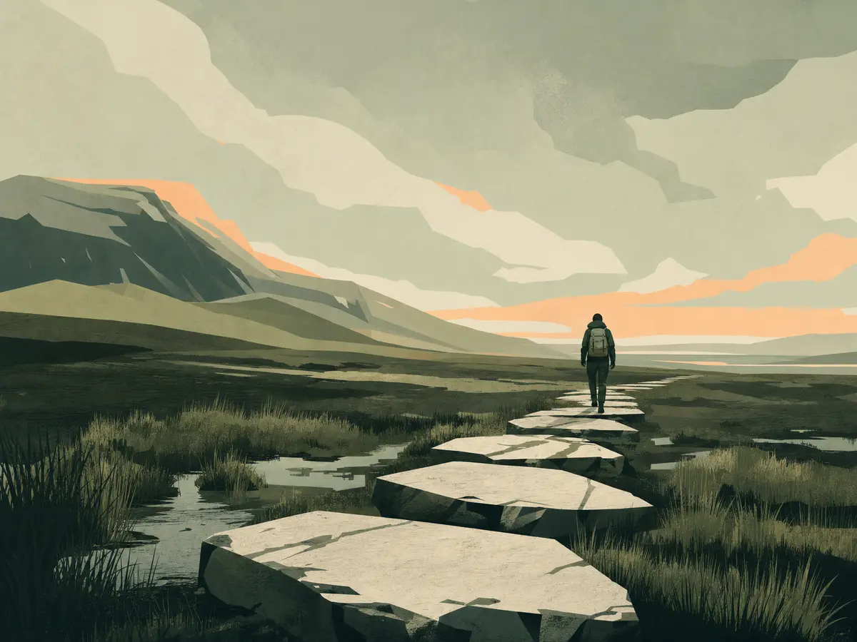 A hiker on stone flag paths across rough open moorland, illustrating the tougher Pennine Way terrain.