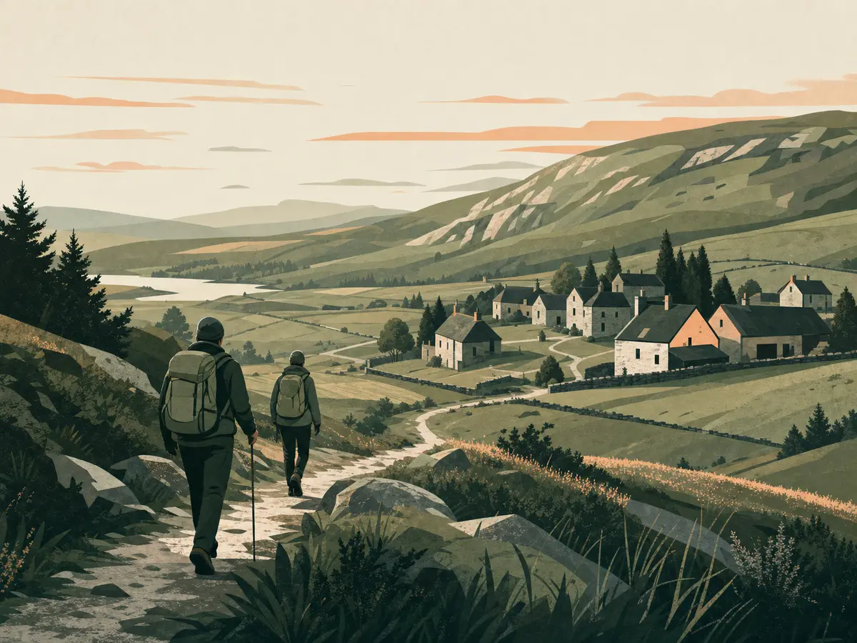 Walkers reaching a village after a long upland day, illustrating accommodation and logistics on British long-distance trails.