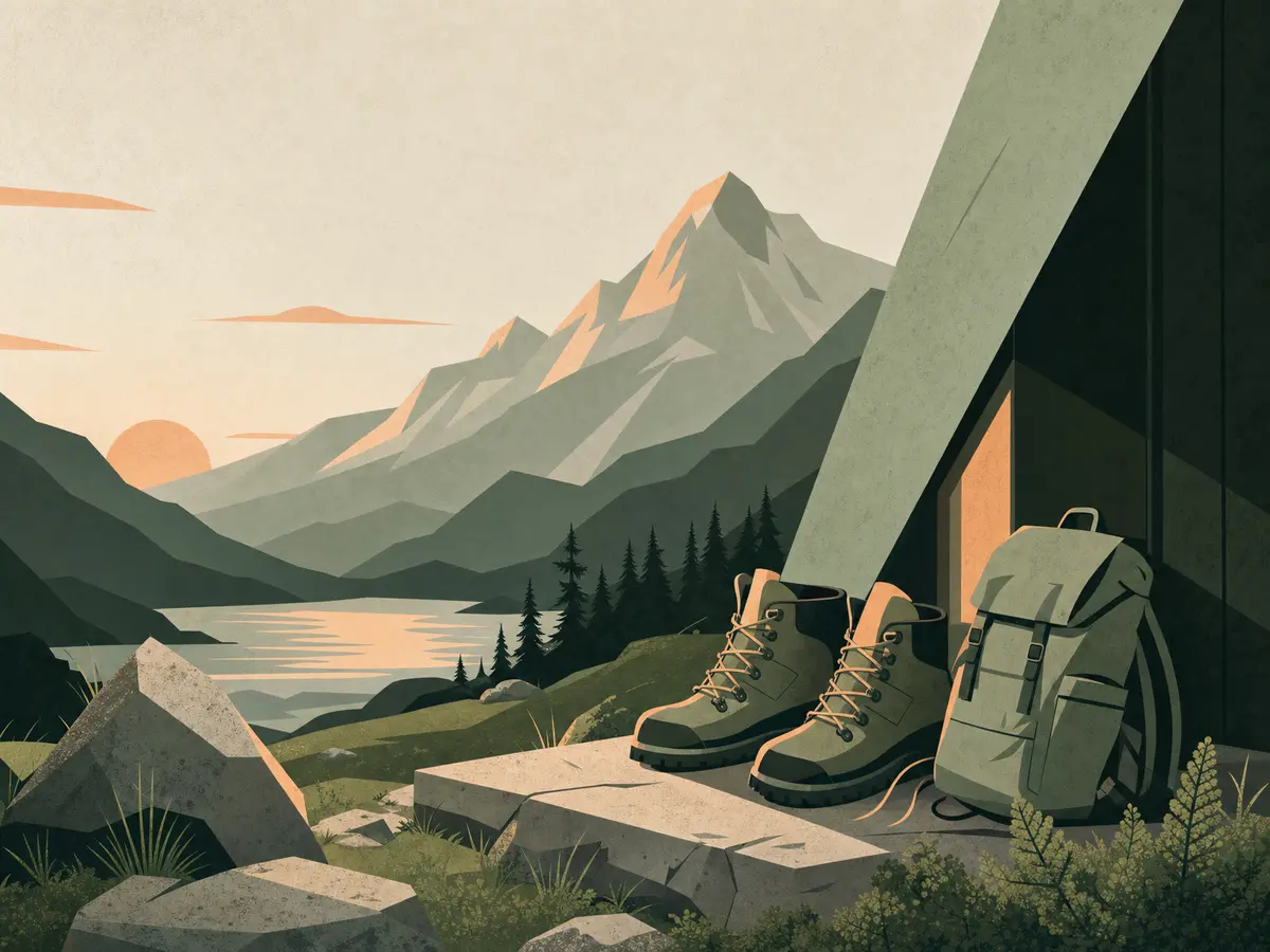 Hiking boots and a backpack at dawn, showing the daily rhythm of a multi-day walk.